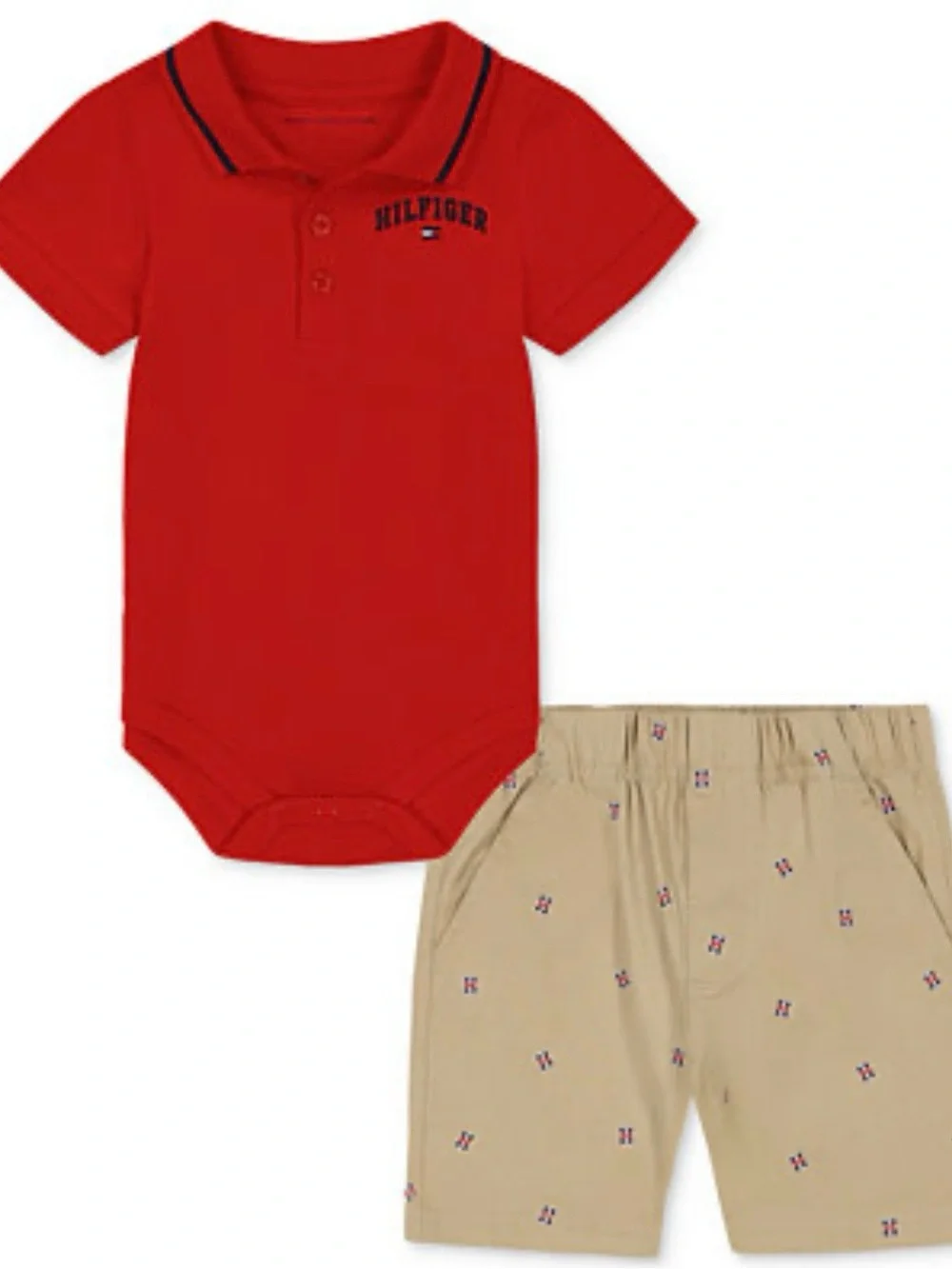 Tommy Hilfiger Baby Boy Red Polo Bodysuit & Logo Printed Twill Shorts Set 3~6M
